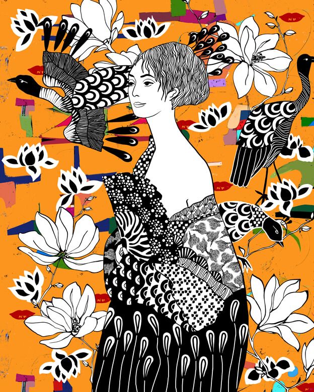 Dame mit dem Fächer - bunt