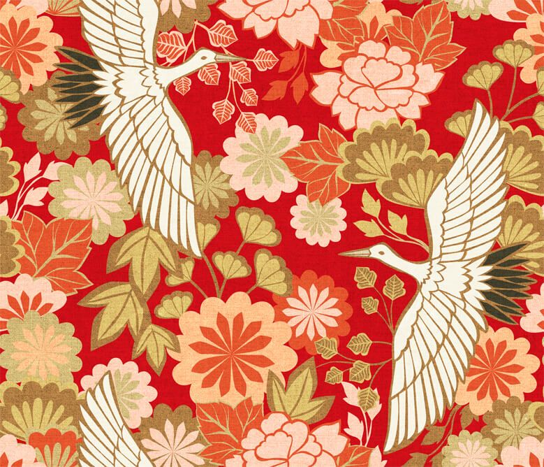 Kraniche und Chrysanthemen – rot