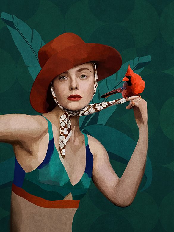 Die Dame mit dem Hut und dem roten Vogel
