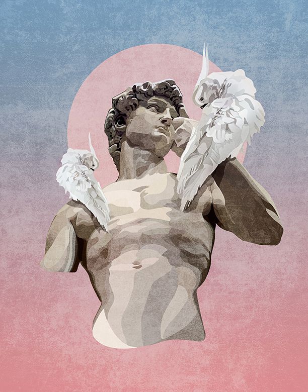 Die Statue von David mit Papageien