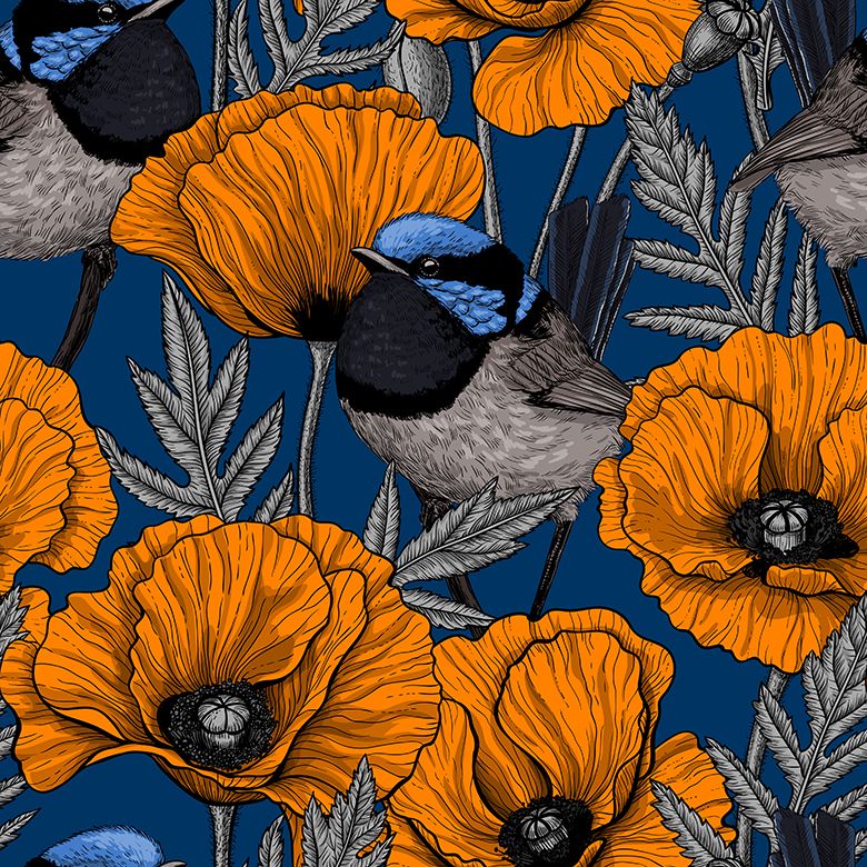 Zaunkönige und Mohnblumen - Orange