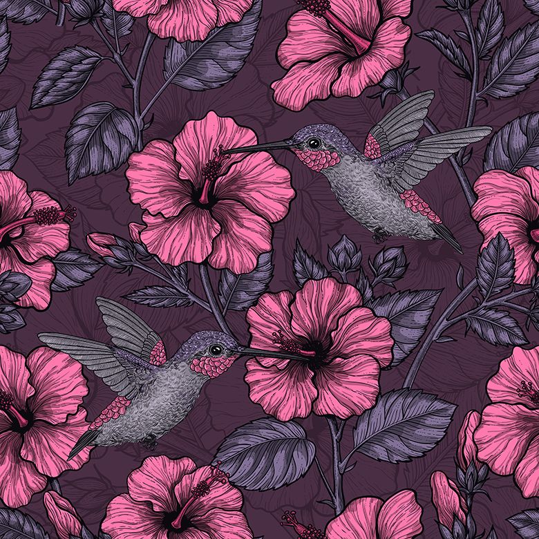 Kolibri und violette Blüten